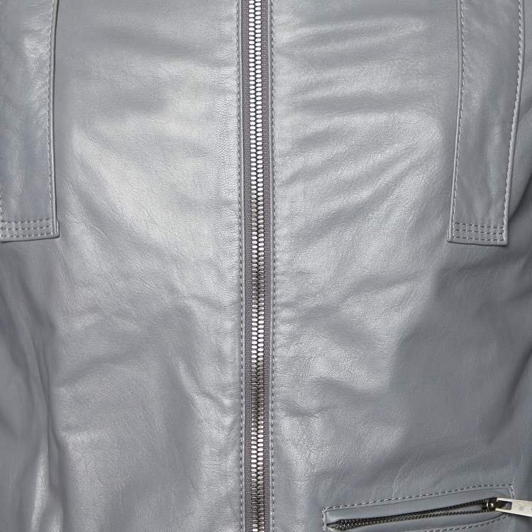 Pre Owned Balenciaga Grey Leather & Fur Collar Zip Front Jacket M