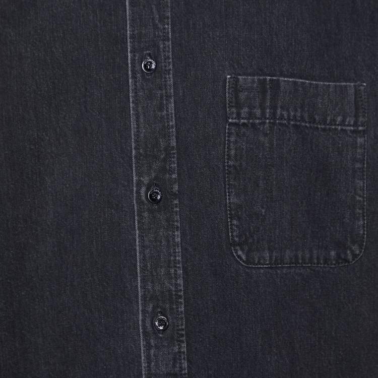Pre Owned Balenciaga Black Logo Printed Denim Frayed Sleeve Oversized Shirt M