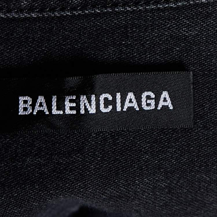 Pre Owned Balenciaga Black Logo Printed Denim Frayed Sleeve Oversized Shirt M