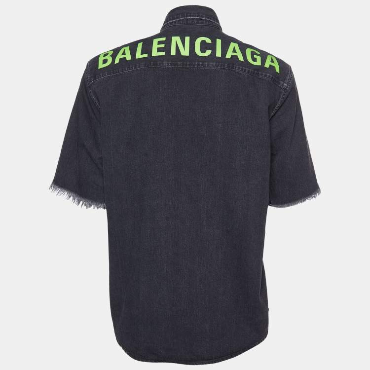 Balenciaga Black Logo Printed Denim Frayed Sleeve Oversized Shirt