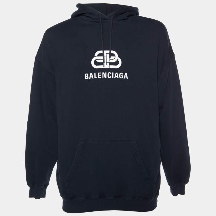 Pre Owned Balenciaga Black Logo Printed Cotton Knit Oversized Hoodie M