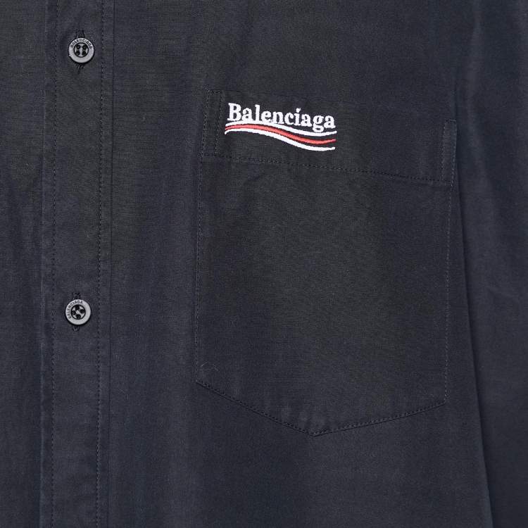 مملوكة مسبقًا Balenciaga Black Cotton Logo Embroidered Pocket Detail Short Sleeve Shirt L