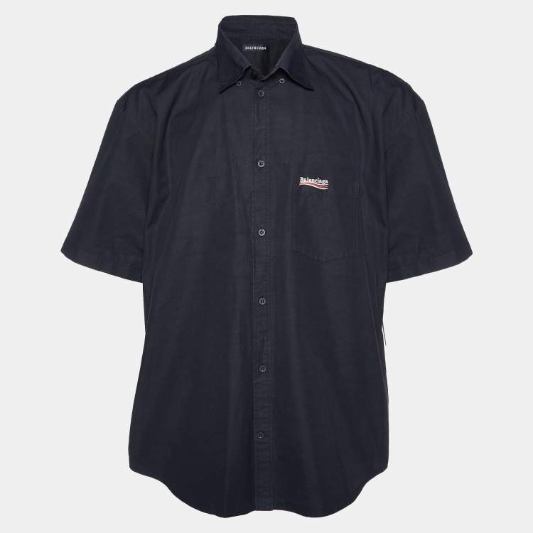 مملوكة مسبقًا Balenciaga Black Cotton Logo Embroidered Pocket Detail Short Sleeve Shirt L