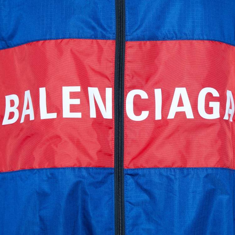 Pre Owned Balenciaga Navy Blue Logo Printed Synthetic Windbreaker Jacket S