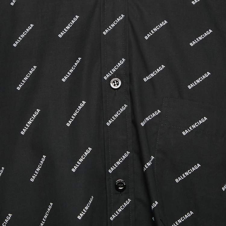 Pre Owned Balenciaga Black All-Over Logo Print Cotton Button Down Full Sleeve Shirt M