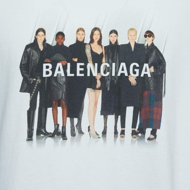 Pre Owned Balenciaga White Logo Print Cotton Crew Neck T-Shirt M