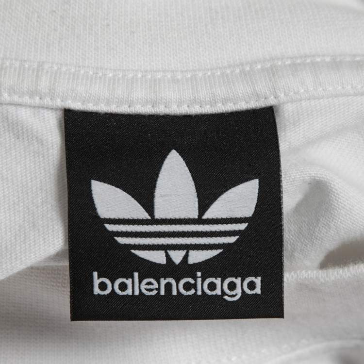 Pre Owned Balenciaga X Adidas White Logo Print Stripe Detailed Cotton Half Sleeve T-Shirt L