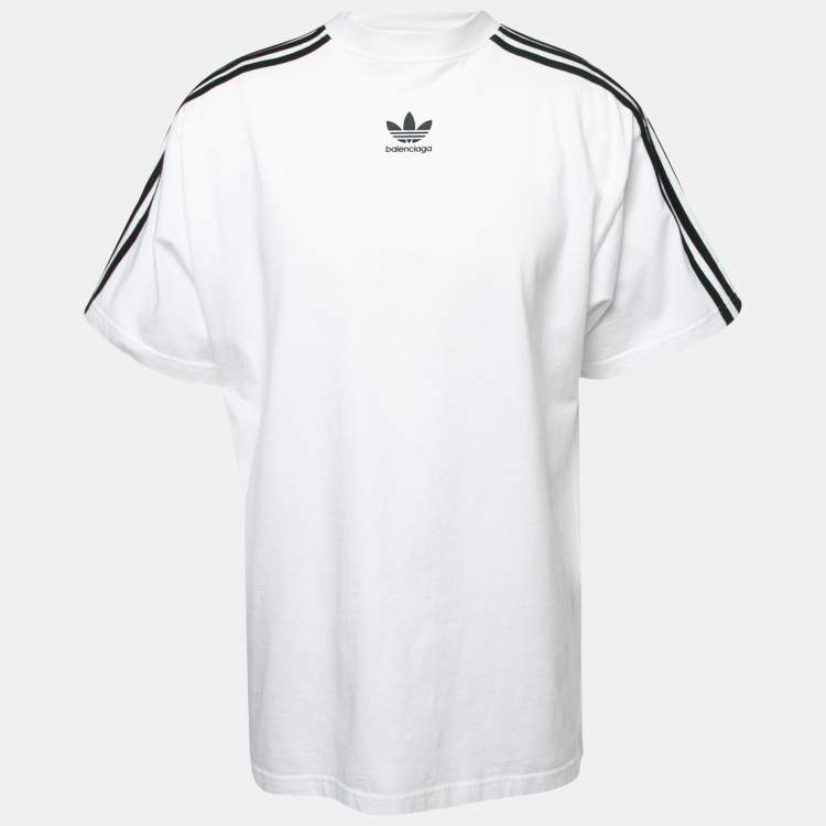 Pre Owned Balenciaga X Adidas White Logo Print Stripe Detailed Cotton Half Sleeve T-Shirt L