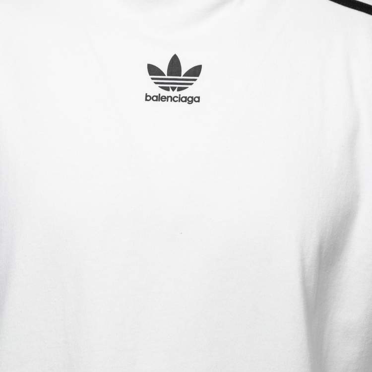 Pre Owned Balenciaga X Adidas White Logo Print Stripe Detailed Cotton Half Sleeve T-Shirt L