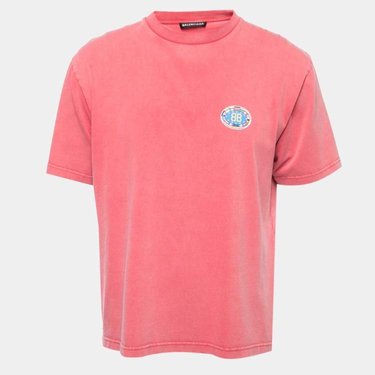 Pre Owned Balenciaga Red Washed Logo Print Cotton Half Sleeve T-Shirt M