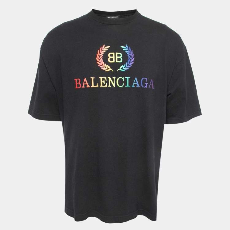 Pre Owned Balenciaga Black Logo Print Cotton Crew Neck Half Sleeve T-Shirt M