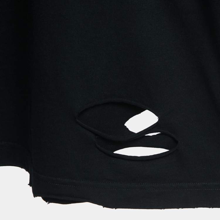 Pre Owned Balenciaga Black Distressed Ripped Cotton Logo Print T-Shirt M