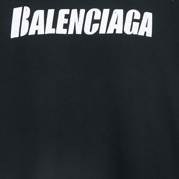 Pre Owned Balenciaga Black Distressed Ripped Cotton Logo Print T-Shirt M