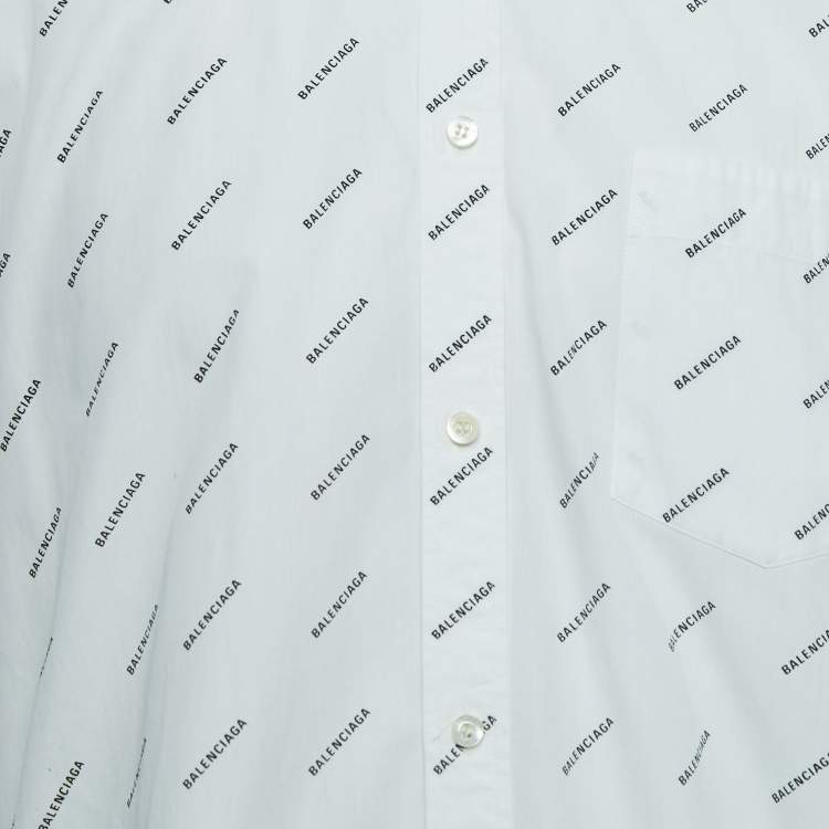 Pre Owned Balenciaga White All-Over Logo Printed Cotton Button Down Shirt M