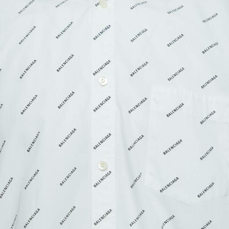 Pre Owned Balenciaga White All-Over Logo Printed Cotton Button Down Shirt M