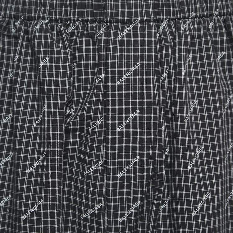 Pre Owned Balenciaga Black Checked Logo Print Cotton Elasticated Waist Pants L