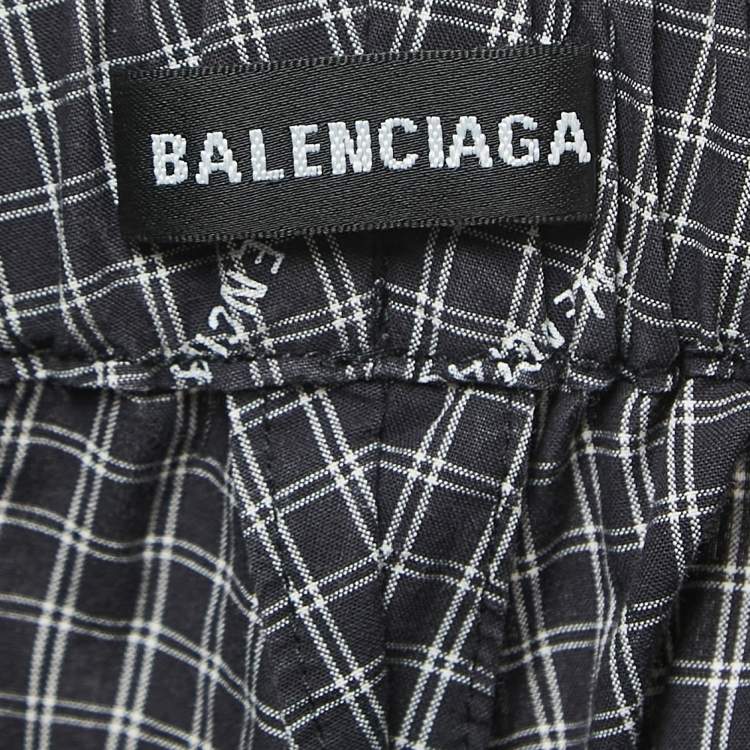 Pre Owned Balenciaga Black Checked Logo Print Cotton Elasticated Waist Pants L