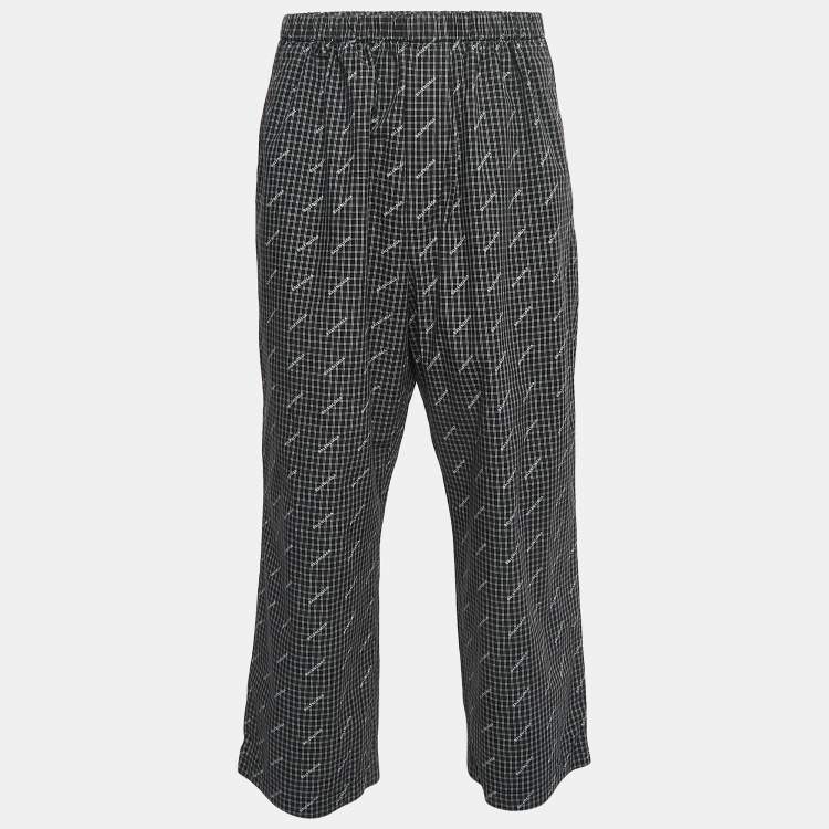 Pre Owned Balenciaga Black Checked Logo Print Cotton Elasticated Waist Pants L