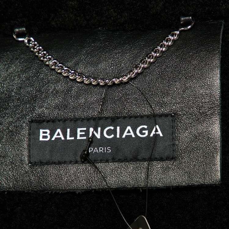 Pre Owned Balenciaga Black Texture Leather & Logo Shearling Jacket XL