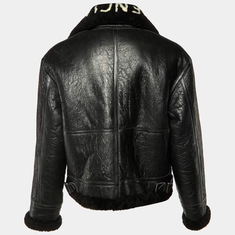 Pre Owned Balenciaga Black Texture Leather & Logo Shearling Jacket XL
