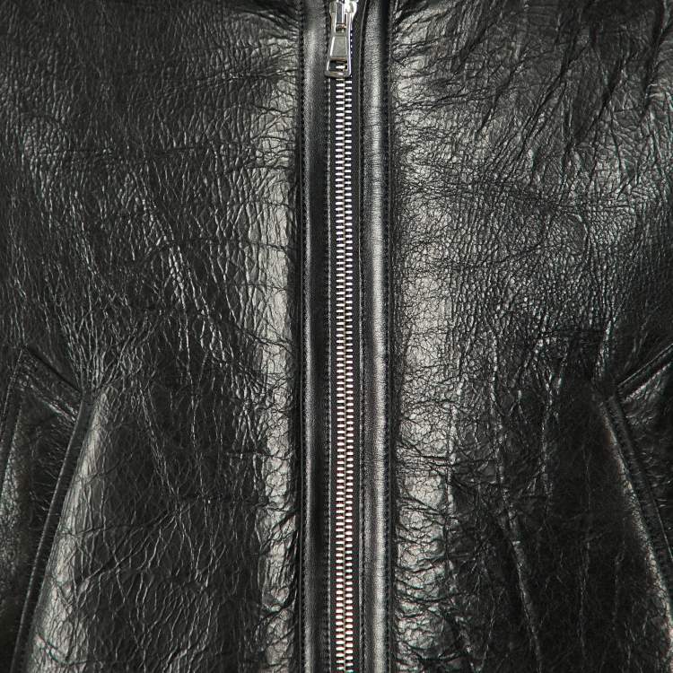 Pre Owned Balenciaga Black Texture Leather & Logo Shearling Jacket XL