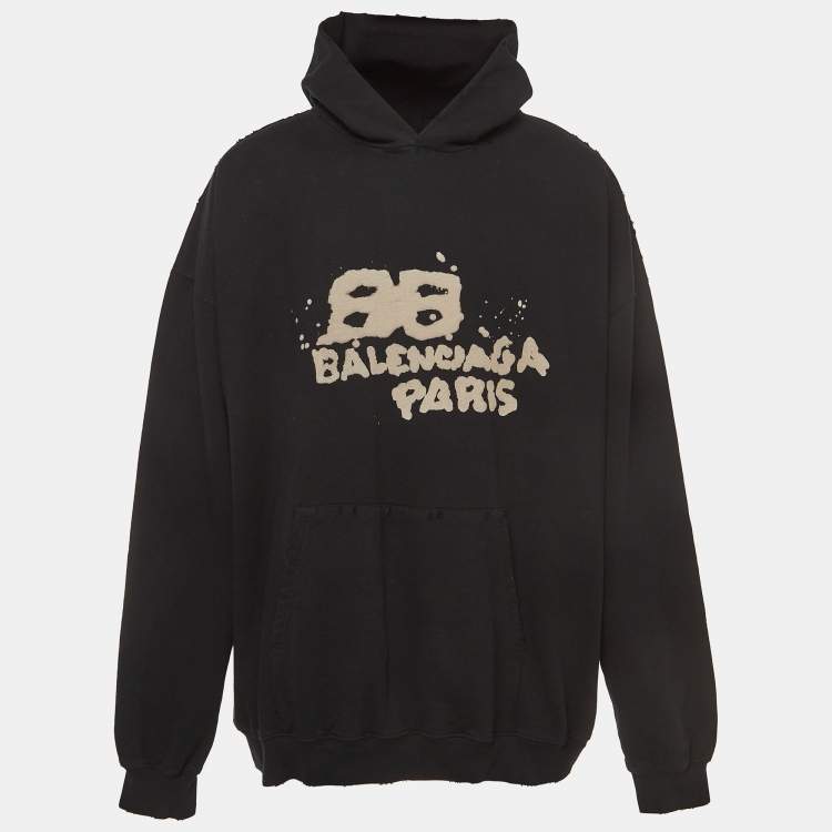 Pre Owned Balenciaga Black Print Distressed Cotton Oversize Hooded Sweatshirt M