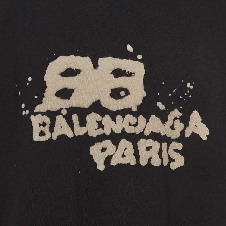 Pre Owned Balenciaga Black Print Distressed Cotton Oversize Hooded Sweatshirt M