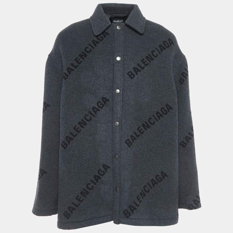 Pre Owned Balenciaga Charcoal Grey All-Over Logo Cashmere Coat S