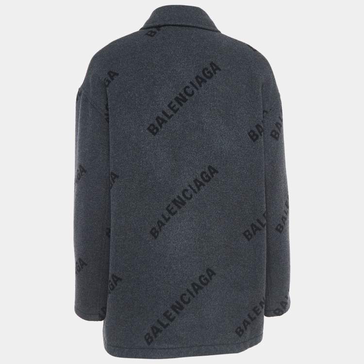 Pre Owned Balenciaga Charcoal Grey All-Over Logo Cashmere Coat S