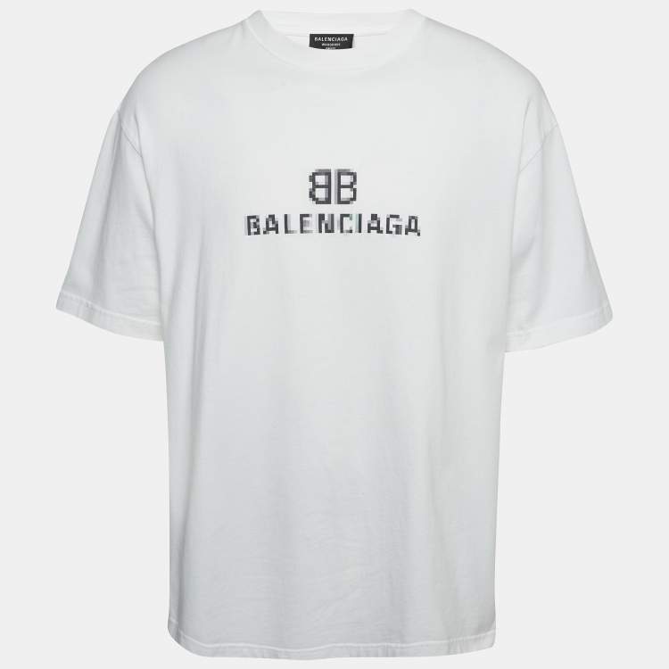 Balenciaga White Pixel Logo Print Half Sleeve T Shirt M Balenciaga TLC