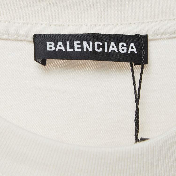 Pre Owned Balenciaga Off-White Logo Print Cotton Half Sleeve T-Shirt M