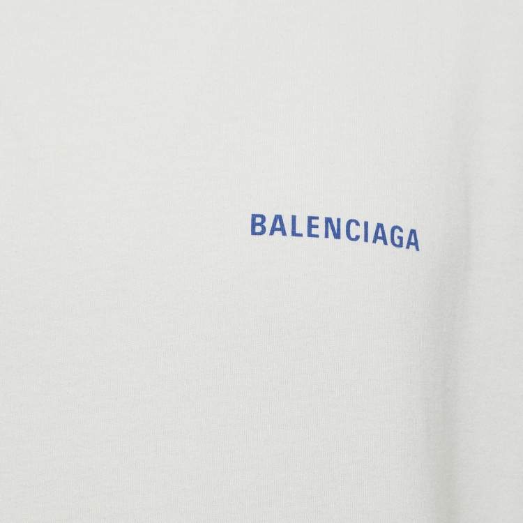 Pre Owned Balenciaga Off-White Logo Print Cotton Half Sleeve T-Shirt M