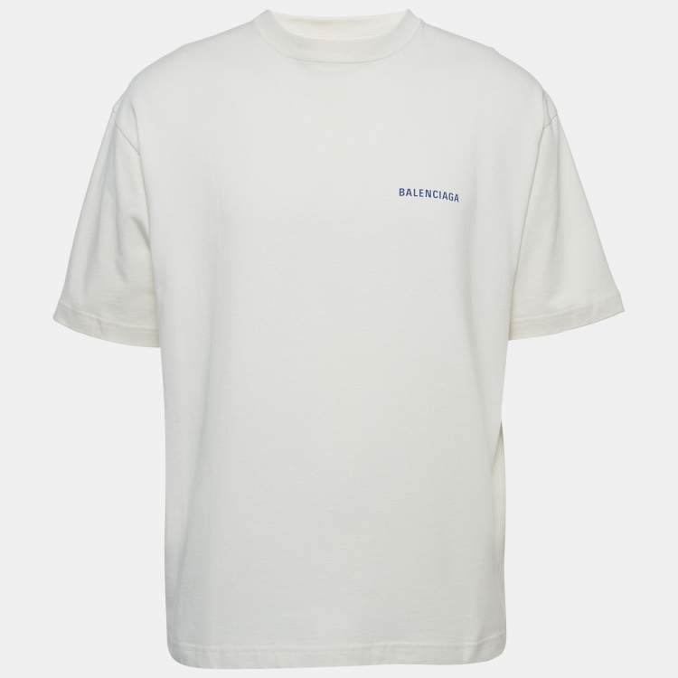 Pre Owned Balenciaga Off-White Logo Print Cotton Half Sleeve T-Shirt M