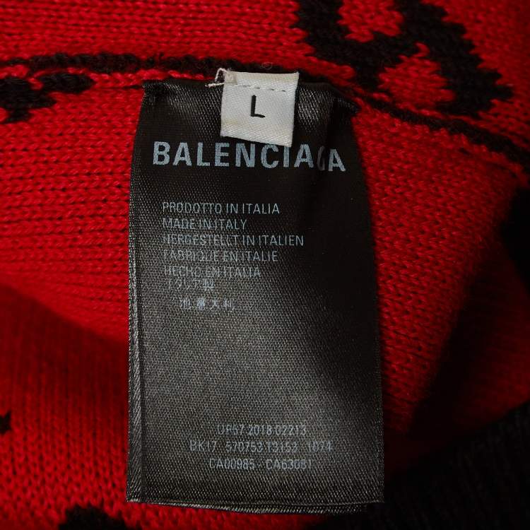 Pre Owned Balenciaga Black/Red Logo Intarsia Knit Crew Neck Sweater L 