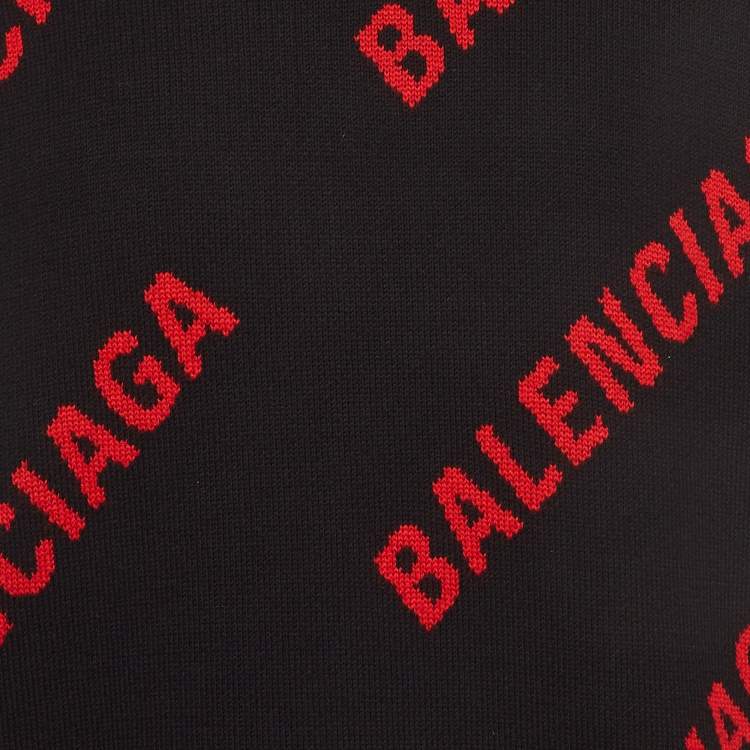 Pre Owned Balenciaga Black/Red Logo Intarsia Knit Crew Neck Sweater L 
