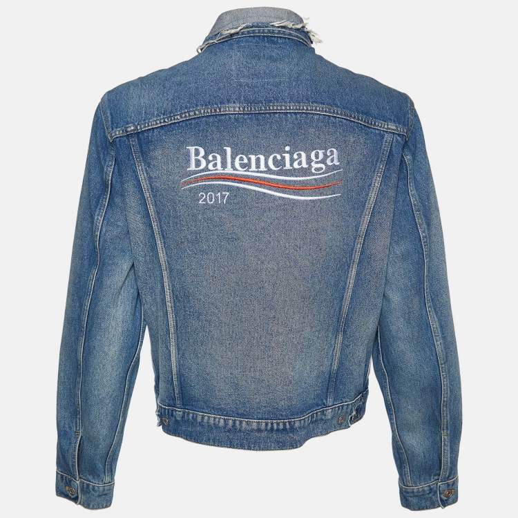 Pre Owned Balenciaga Blue Distressed Demin Logo Embroidered Jacket XXL