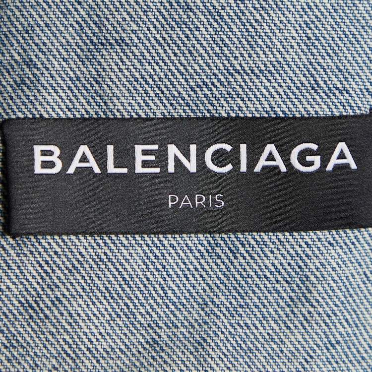 Pre Owned Balenciaga Blue Distressed Demin Logo Embroidered Jacket XXL