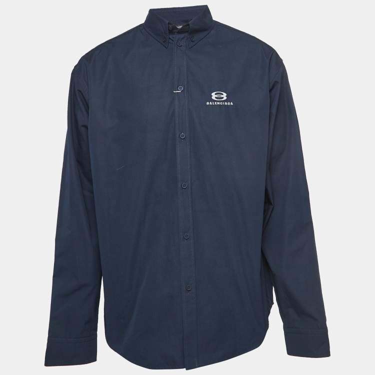 Pre Owned Balenciaga Navy Blue Embroidered Cotton Over Sized Shirt S