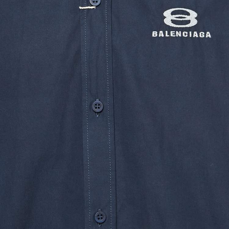 Pre Owned Balenciaga Navy Blue Embroidered Cotton Over Sized Shirt S