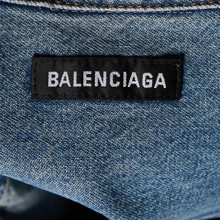 Pre Owned Balenciaga Blue Denim Logo Embroidered Oversized Shirt M