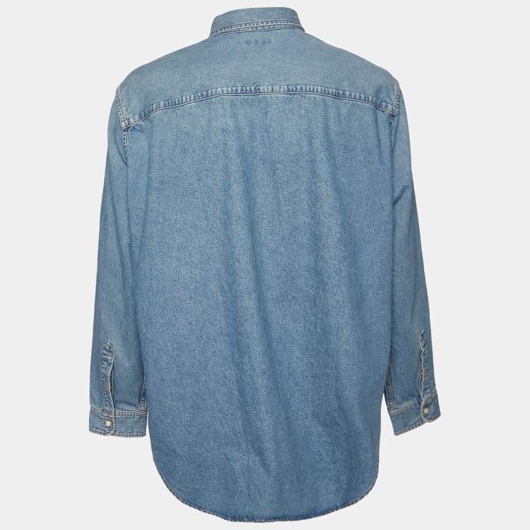 Pre Owned Balenciaga Blue Denim Logo Embroidered Oversized Shirt M
