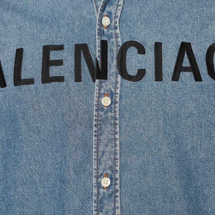 Pre Owned Balenciaga Blue Denim Logo Embroidered Oversized Shirt M