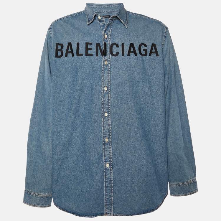 Pre Owned Balenciaga Blue Denim Logo Embroidered Oversized Shirt M