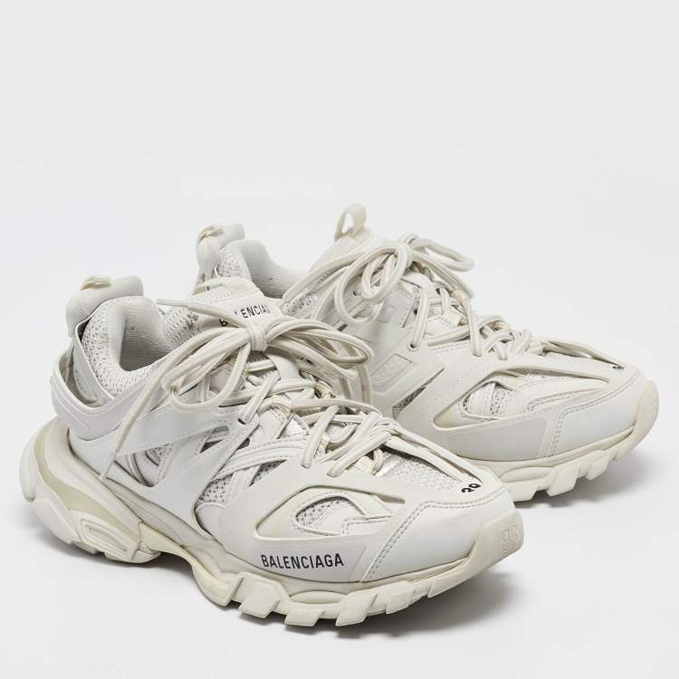 Pre Owned Balenciaga White/Grey Mesh and Faux Leather Track Sneakers Size 39