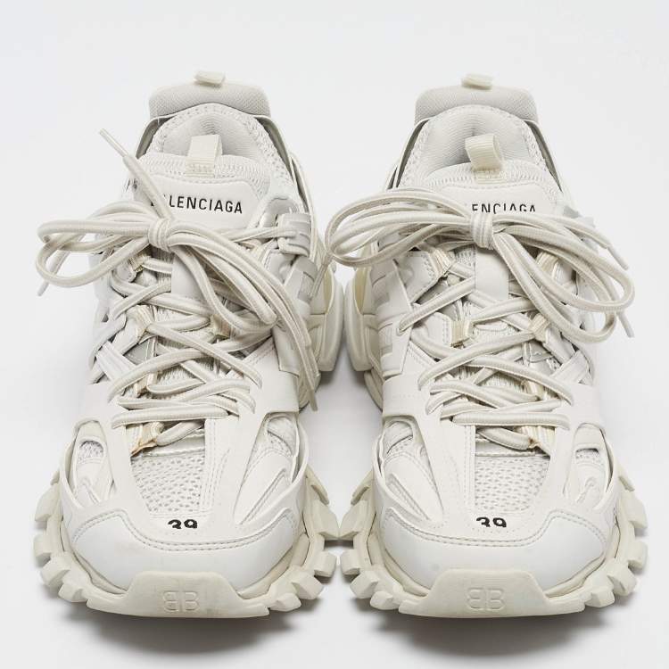 Pre Owned Balenciaga White/Grey Mesh and Faux Leather Track Sneakers Size 39