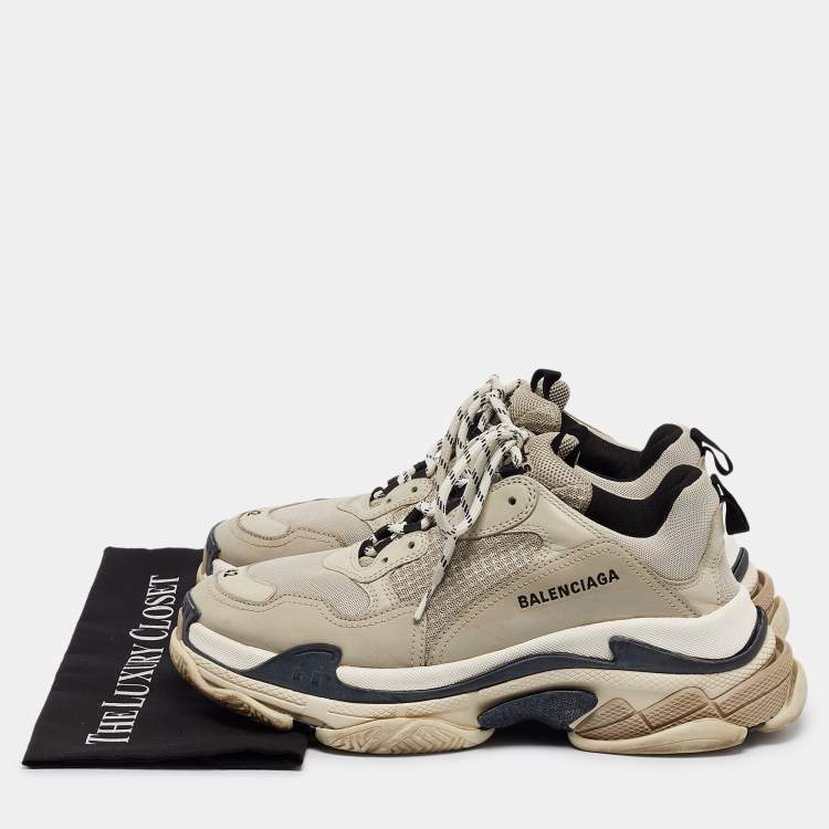 Pre Owned Balenciaga Beige Leather and Mesh Triple S Sneakers Size 42