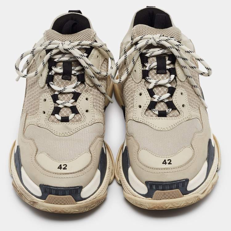 Pre Owned Balenciaga Beige Leather and Mesh Triple S Sneakers Size 42