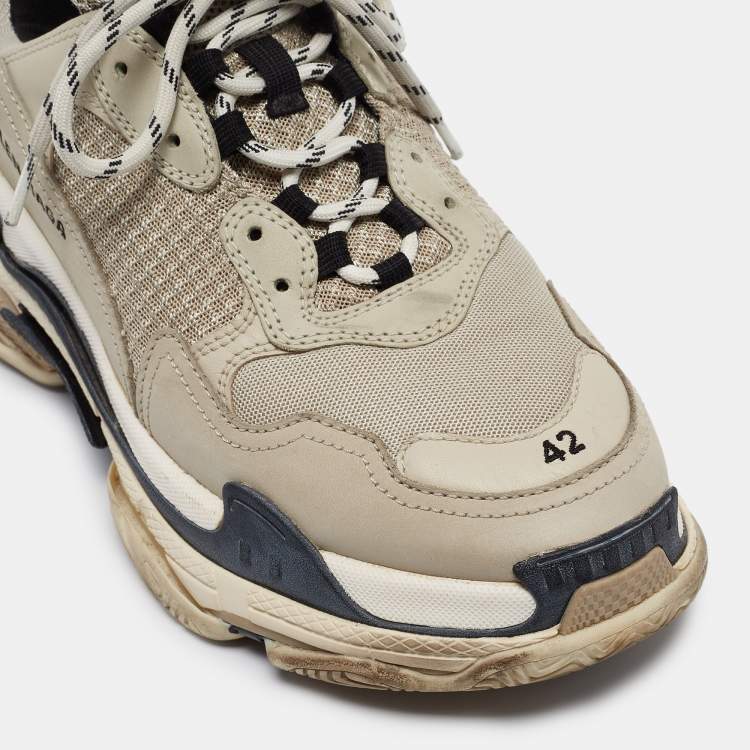 Pre Owned Balenciaga Beige Leather and Mesh Triple S Sneakers Size 42