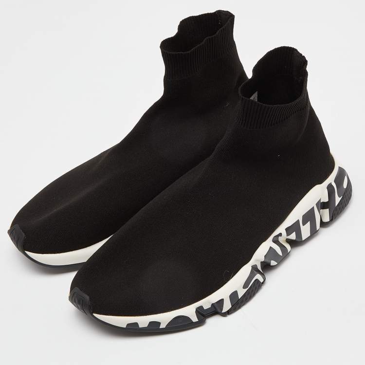 Pre Owned Balenciaga Black Knit Fabric Speed Graffiti High Top Sneakers Size 44