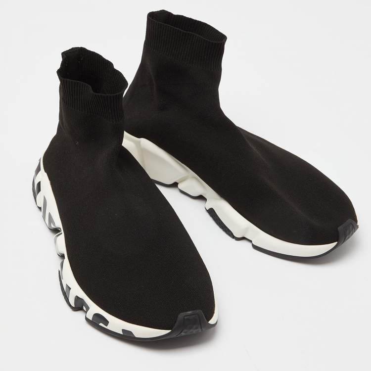 Pre Owned Balenciaga Black Knit Fabric Speed Graffiti High Top Sneakers Size 44